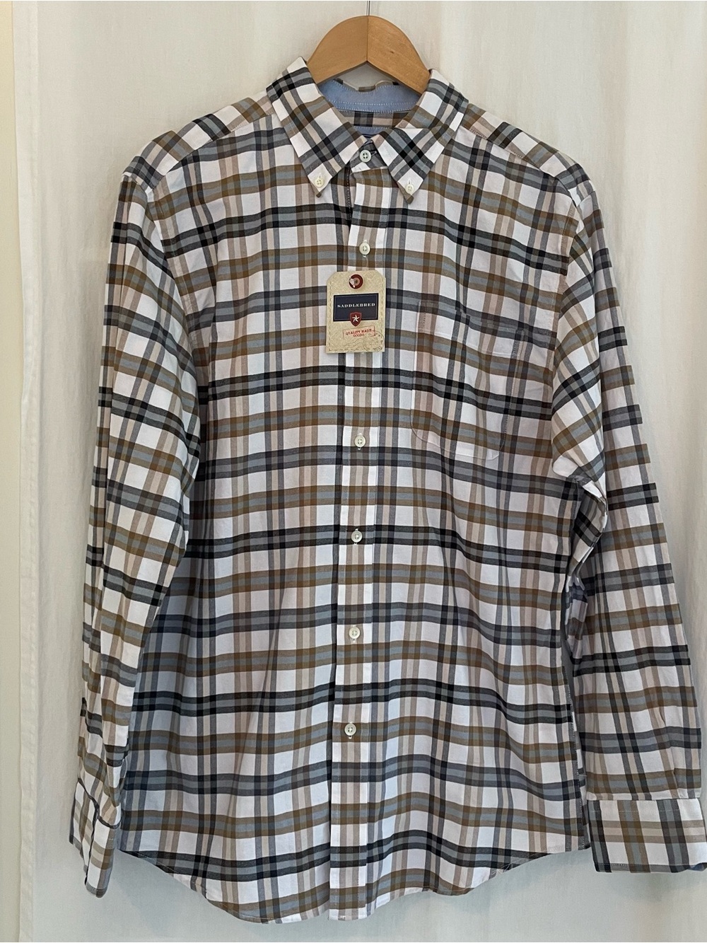 Saddlebred Brown, Blue-Gray, White Plaid Button-Down Shirt